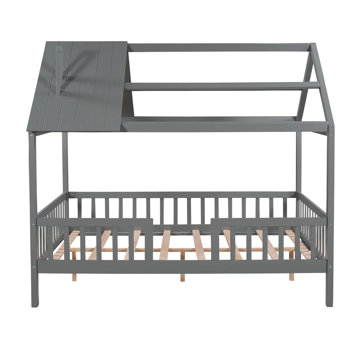 Full Size Wood Bed Frame with Roof and Fence Y214192