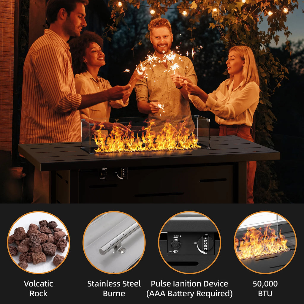 43 Inch Propane Gas Fire Pit Table with Lid and Lava Rock C166