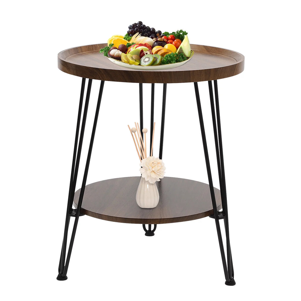 2-Tier Round Sofa End Side Table Nightstand Brown N4327