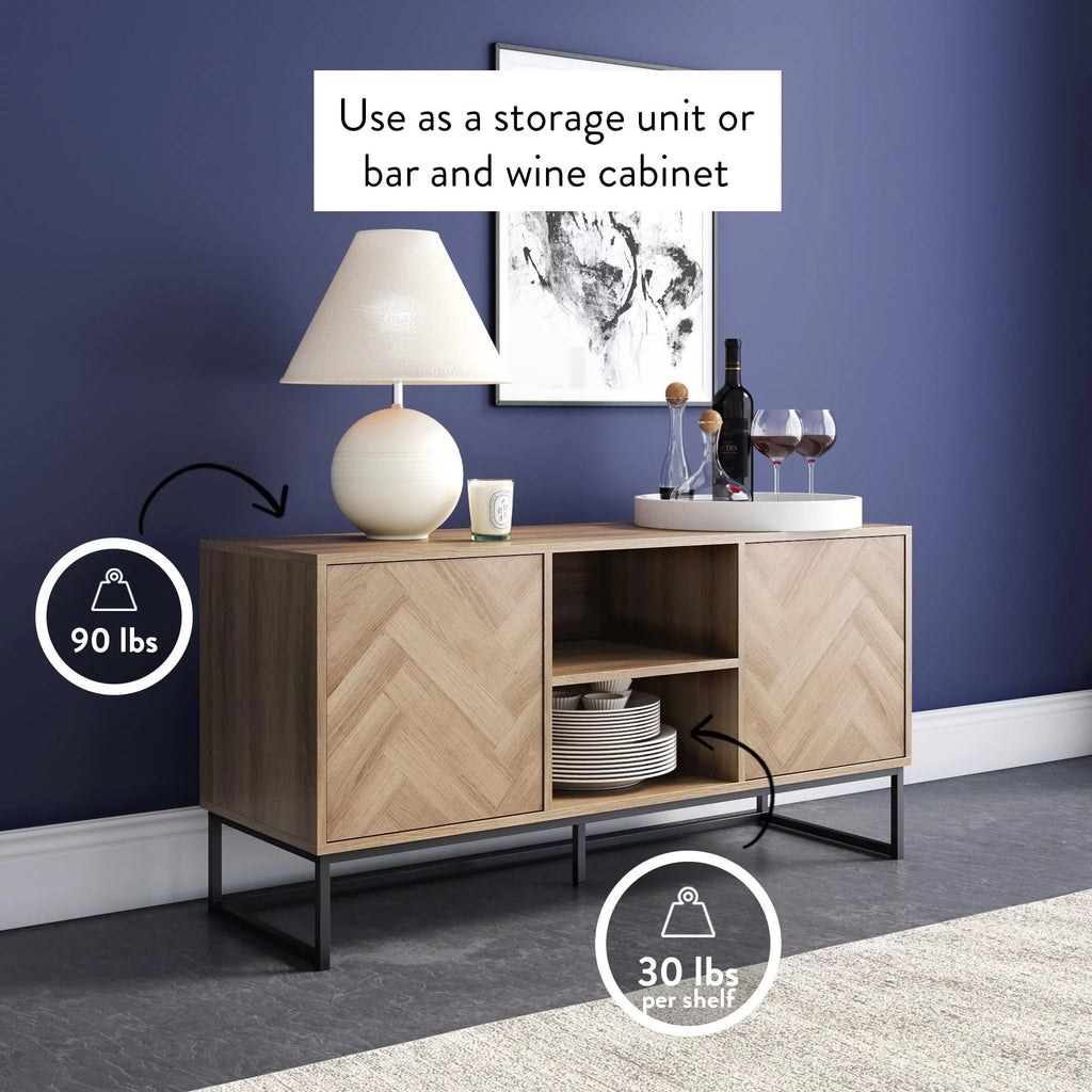 Gray Black Herringbone Pattern Wood Metal Media Console Cabinet H868