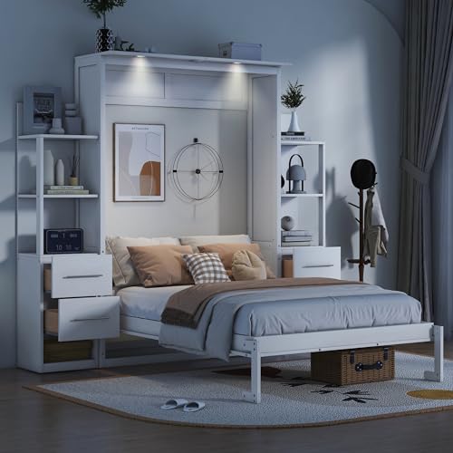 White Full Size Wood Murphy Bed with Shelves and LED Lights K837884