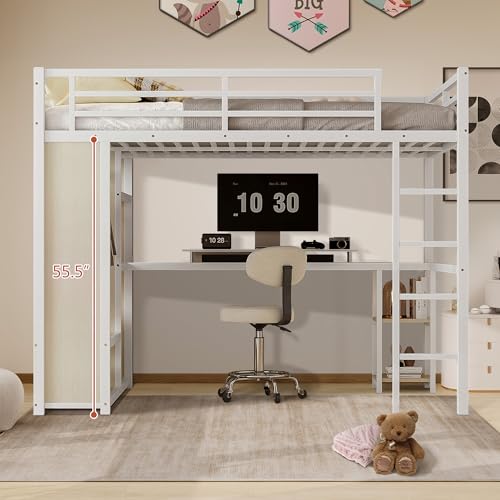 Queen Heavy Duty Metal Loft Bed with L-Shaped Desk, Wardrobe & 5 Storage Shelves Y577