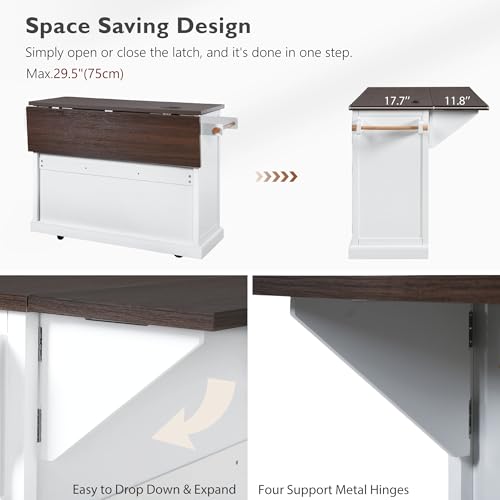 Black Drop Leaf Kitchen Island with Power Outlet Rolling Storage Cart X358784