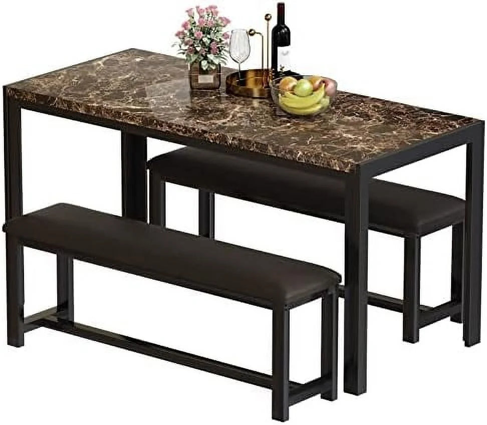 Dining Table Set for 4 with 2 PU Leather Upholstered Benches X29895