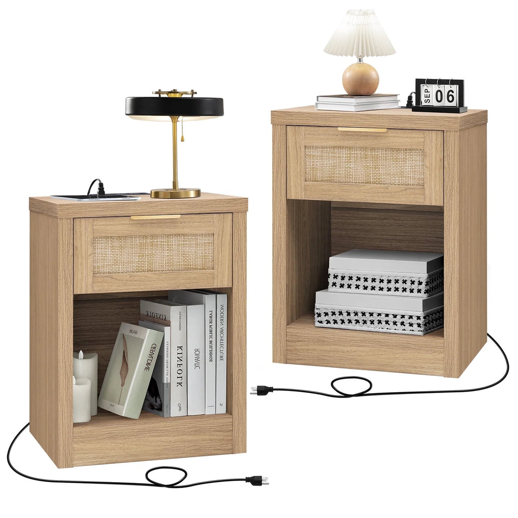 Rattan Nightstands Set of 2 with Charging Station S69810