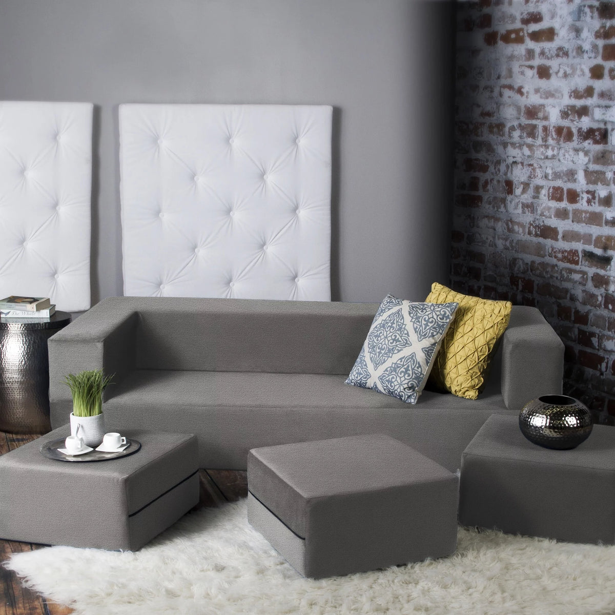 California King Convertible Sleeper Sofa and Ottomans Dove Grey Foam Polyester F632481