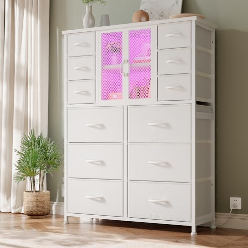 Black 12 Fabric Drawer Tall Dresser with Charging Station W28136