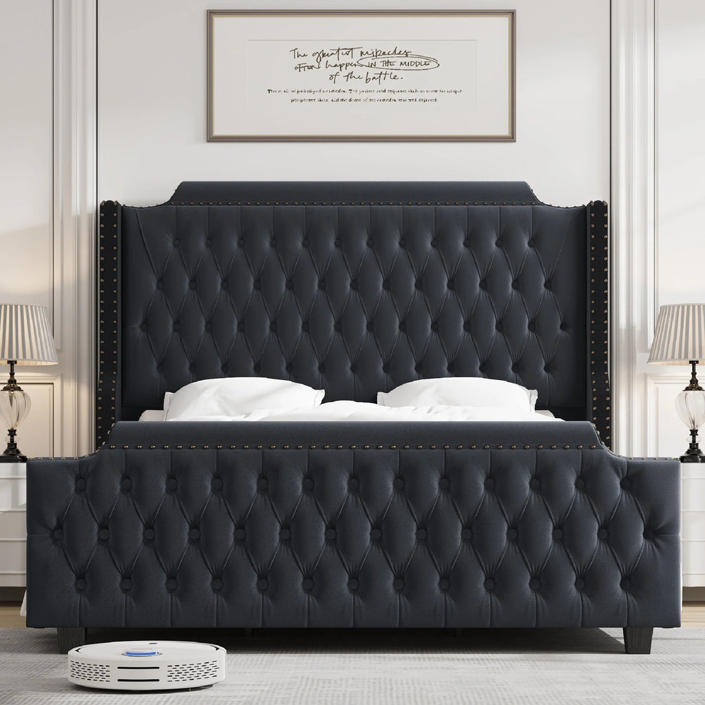 Queen Size Off-white Velvet Upholstered Bed Frame with Headboard and Footboard Y591