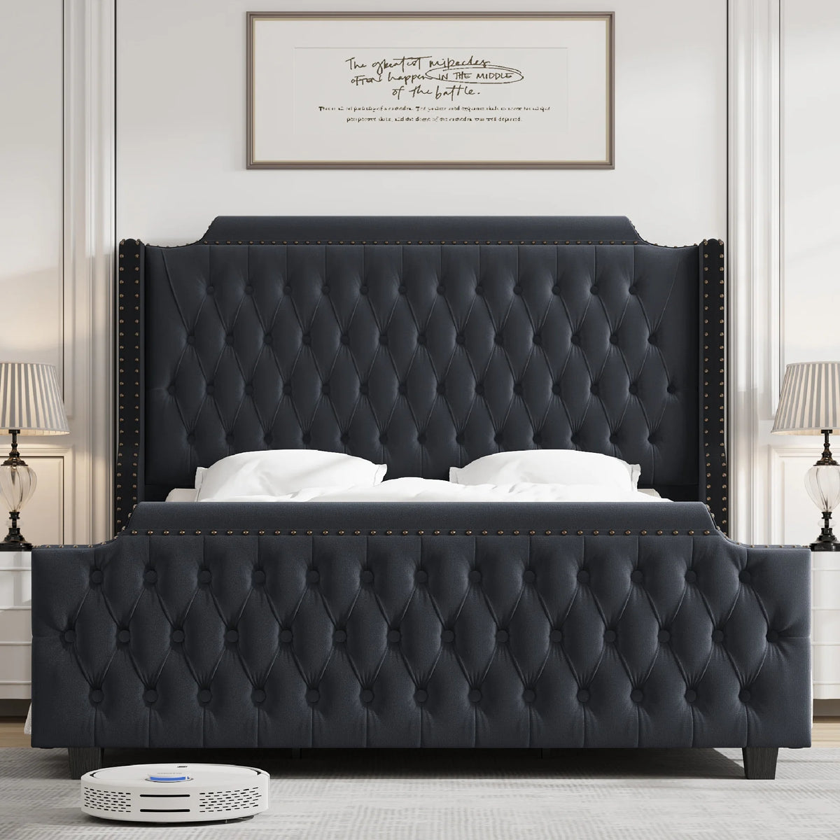 Queen Size Off-white Velvet Upholstered Bed Frame with Headboard and Footboard Y591