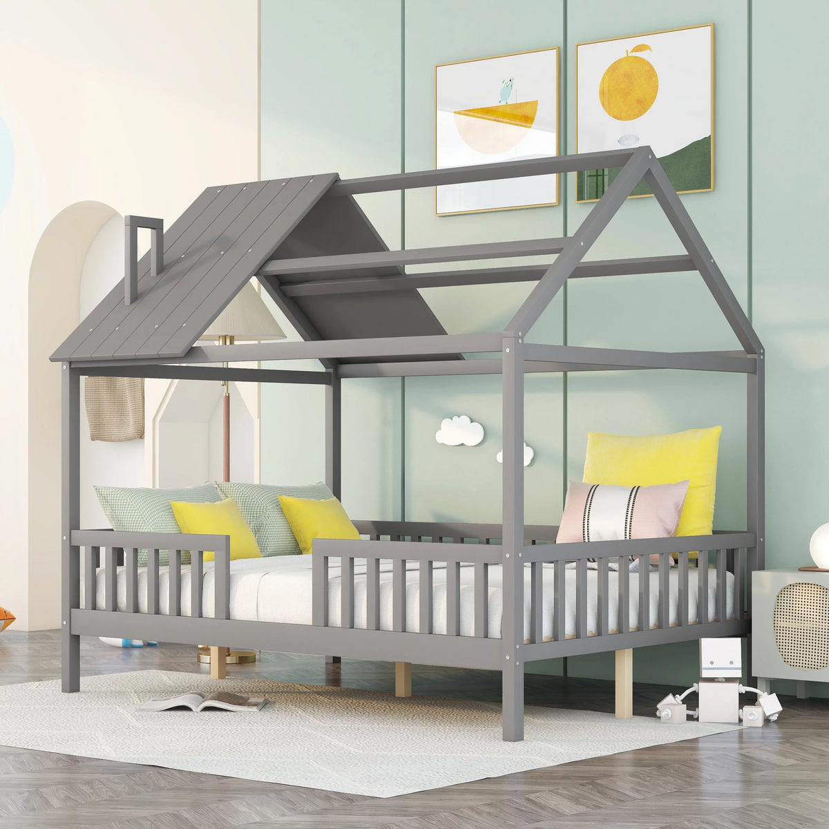 Full Size Wood Bed Frame with Roof and Fence Y214192
