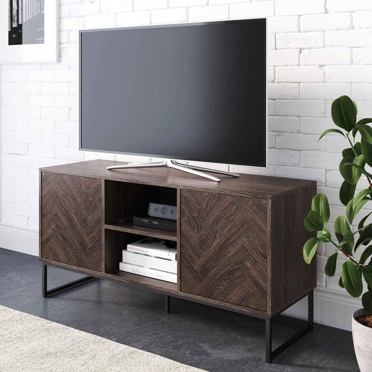 Gray Black Herringbone Pattern Wood Metal Media Console Cabinet H868